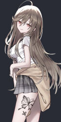 1girl absurdres ahoge bare_legs blonde_hair breasts butterfly_tattoo d4dj date-chan_(d4dj) from_side grey_background grey_skirt hair_between_eyes highres kumo_tabetai large_breasts leg_tattoo long_hair looking_at_viewer parted_lips pleated_skirt red_eyes school_uniform shirt short_sleeves simple_background skirt smile solo tattoo white_shirt