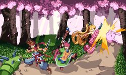 1boy 2girls blonde_hair boots brown_hair cherry_blossoms day fingerless_gloves gloves grass headband holding holding_staff holding_weapon jewelry kicking long_hair lowres monster multiple_girls open_mouth outdoors pants petals pixel_art popoi_(seiken_densetsu_2) primm_(seiken_densetsu_2) randi_(seiken_densetsu_2) red_hair seiken_densetsu seiken_densetsu_2 staff standing striped_clothes striped_pants tree warabin_(suteki_denpun) weapon