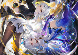 2girls black_pantyhose breasts chromatic_aberration closed_mouth commentary company_connection crossover dress elbow_gloves english_commentary genshin_impact gloves hair_between_eyes hair_ornament large_breasts long_hair looking_at_viewer multiple_girls official_alternate_costume orb pantyhose purple_gloves purple_thighhighs red_eyes scottie_(phantom2) single_hair_intake skirk_(genshin_impact) skirt thighhighs thighs trait_connection very_long_hair white_dress white_hair white_skirt yellow_eyes yi_xuan_(trails_of_ink)_(zenless_zone_zero) yi_xuan_(zenless_zone_zero) zenless_zone_zero