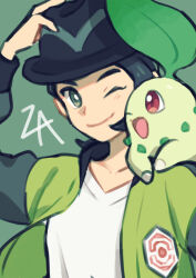 Rule 34 | 1boy, ;), arm up, black hair, black hat, bright pupils, chikorita, closed mouth, collarbone, commentary request, gen 2 pokemon, green background, green jacket, hand on headwear, happy, hat, jacket, long sleeves, male focus, mono96souko, nintendo, on shoulder, one eye closed, paxton (pokemon), pokemon, pokemon (creature), pokemon legends: z-a, pokemon on shoulder, shirt, short hair, smile, white pupils, white shirt