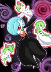 alternate_color black_background black_dress black_hole bob_cut colored_skin dress ememtrp floating gardevoir gen_3_pokemon green_skin hand_up highres kirlia mega_pokemon multicolored_skin nintendo no_feet orange_eyes pokemon pokemon_(creature) psychic ralts red_eyes self-upload shiny_pokemon short_hair spiral two-tone_skin white_skin