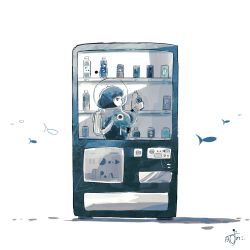 1girl :t absurdres astronaut black_eyes blue_hair bottle closed_mouth commentary_request fish highres holding jitome kazunoko_(kazunoko_zunoco) looking_at_viewer looking_back short_hair signature simple_background solo standing upper_body vending_machine white_background