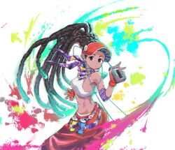 1girl absurdres aqua_hair black_hair colored_tips crop_top dark-skinned_female dark_skin dreadlocks earphones fingerless_gloves gloves highres kimberly_jackson looking_at_viewer multicolored_hair o3o official_alternate_costume official_alternate_hairstyle panties panty_peek scarf solo spray_can street_fighter street_fighter_6 underwear visor_cap walkman yamada_yamao