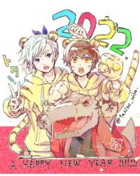 2022 3boys animal_costume animal_ears animal_hands animal_hood animal_print black_kimono black_sclera blue_eyes blue_hair blue_ribbon brown_hair chinese_zodiac claws colored_sclera fake_animal_ears fake_claws hair_ribbon haori happy_sex head_spikes highres hood horns japanese_clothes khun_aguero_agnis kimono lizard_tail lizardman looking_at_viewer lower_teeth_only male_focus multiple_boys new_year open_mouth ponytail rak_wraithraiser red_eyes red_haori reptile_boy ribbon sharp_teeth short_hair tail tanino_miho teeth tiger_costume tiger_ears tiger_hood tiger_paws tiger_print tiger_tail tower_of_god twenty-fifth_bam twitter_username upper_teeth_only v year_of_the_tiger yellow_eyes