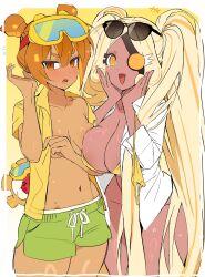 2girls :d @_@ alternate_hairstyle areola_slip asymmetrical_docking bikini black-framed_eyewear blonde_hair border bottomless breast_press breasts brown_hair coat collared_coat collared_shirt cookie_run cookie_run:_ovenbreak covering_breasts covering_privates cowboy_shot croissant_cookie croissant_cookie_(sodagun_developer) dark-skinned_female dark_skin dot_nose double-parted_bangs double_bun dual_persona embarrassed eyepatch eyewear_on_head goggles goggles_on_head green_swim_trunks hair_between_eyes hair_bun hands_on_own_cheeks hands_on_own_face highres holding holding_swimsuit holding_unworn_clothes humanization large_breasts long_hair looking_at_viewer lower_teeth_only micro_bikini multicolored_hair multiple_girls naked_shirt navel official_alternate_costume official_alternate_hairstyle ohta_guk_hip one_eye_covered open_clothes open_coat open_mouth open_shirt orange_eyes orange_hair outside_border shirt short_sleeves simple_background single_bare_shoulder small_breasts smile standing streaked_hair sunglasses sweat swimsuit teeth three-quarter_sleeves timekeeper_cookie tongue twintails two-tone_hair unworn_bikini_bottom unworn_swimsuit v-shaped_eyebrows very_long_hair white_border white_coat yellow_background yellow_bikini yellow_shirt