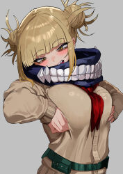 1girl absurdres blonde_hair boku_no_hero_academia breasts brown_cardigan cardigan commentary_request double_bun grabbing_own_breast grey_background hair_bun highres large_breasts long_sleeves looking_at_viewer neckerchief open_mouth red_neckerchief school_uniform serafuku short_hair sidelocks simple_background solo teeth toga_himiko upper_body zd_(pixiv6210083)
