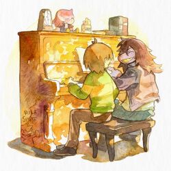 Rule 34 | 1girl, 1other, blue pants, book, brown hair, brown pants, chalk, character doll, closed eyes, colored skin, commentary, deltarune, doll, english commentary, green sweater, grin, highres, instrument, jacket, kris (deltarune), long hair, metronome, music, pants, piano, piano bench, playing instrument, playing piano, purple jacket, purple skin, shirt, short hair, sitting, smile, striped clothes, striped sweater, susie (deltarune), sweater, white shirt, wraith615