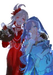 2girls :q alcohol artist_name bead_necklace beads black_gloves blue_dress blue_eyes blue_hair blue_hat blue_pajamas blue_ribbon breasts brooch cat_princess celestial_whispers_(infinity_nikki) chinese_commentary choker cleavage closed_mouth commentary_request cowboy_shot crescent crescent_hat_ornament cup dress drink drinking_glass earrings feather_hair_ornament feathers flower flower_brooch flower_earrings fur-trimmed_headwear fur-trimmed_sleeves fur_choker fur_cuffs fur_trim gloves hair_flower hair_ornament hand_on_another&#039;s_arm hat hat_ornament highres holding holding_drink holding_pillow infinity_nikki jewelry leaning_on_person lips long_dress long_hair long_sidelocks long_sleeves making-of_available multiple_girls naughty_face necklace nightcap nightgown nikki_(series) off-shoulder_dress off_shoulder open_mouth pajamas pale_skin parted_bangs pillow puffy_short_sleeves puffy_sleeves red_choker red_dress red_eyes red_flower red_rose ribbon rose rosy_reverie_(infinity_nikki) short_sleeves sidelocks simple_background sleeves_past_wrists smile swept_bangs tongue tongue_out watermark wavy_hair white_background white_choker white_hair white_wrist_cuffs wine wine_glass wrist_cuffs yawning yuri