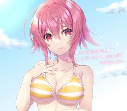 1girl :d bare_arms bikini breasts chaos;child cleavage cloud collarbone commission hair_between_eyes looking_at_viewer medium_breasts medium_hair nishijou_myu onoe_serika open_mouth pink_hair red_eyes sideboob skeb_commission smile solo straight_hair striped_bikini striped_clothes swimsuit upper_body yellow_bikini