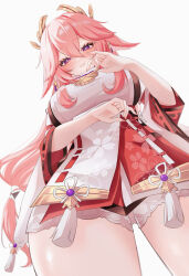 1girl absurdres blush breasts closed_mouth commentary_request cowboy_shot fingernails genshin_impact hair_between_eyes highres large_breasts long_hair looking_at_viewer looking_down nail_polish nontraditional_miko nyamo-lv0 pink_hair pink_nails purple_eyes shirt smile solo tassel very_long_hair white_background white_shirt yae_miko
