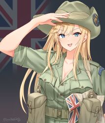 1girl absurdres ammunition_pouch arm_up artist_name belt blonde_hair blue_eyes breast_pocket breasts british_army cleavage commentary flag_background green_belt green_hat green_shirt hat hat_ornament highres leochan1202 long_hair looking_at_viewer military military_uniform open_mouth original pocket pouch shirt short_sleeves slouch_hat suspenders union_jack upper_body world_war_ii