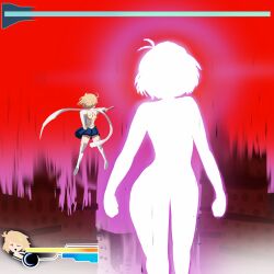 Rule 34 | 2girls, ahoge, arcueid brunestud, arcueid brunestud (luminous body), baseball bat, battle, blonde hair, boss fight, choker, crescent, crescent hair ornament, dark persona, detached sleeves, dual persona, fighting, fighting stance, floating clothes, floating hair, giant, giantess, hair ornament, hand on own hip, health bar, highres, imstupid13, magical girl, melty blood, melty blood: type lumina, multiple girls, one eye closed, phantas-moon, red arcueid, size difference, skirt, smile, thighhighs, tsukihime, tsukihime (remake)