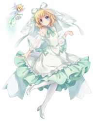 1girl akinomiya_asuka alternate_costume aqua_neckwear bare_shoulders blonde_hair blue_eyes bride collarbone detached_sleeves dress flower flying full_body hair_ribbon head_tilt high_heels highres holding holding_flower layered_dress lily_of_the_valley looking_at_another looking_at_viewer medicine_melancholy neck_ribbon open_mouth pantyhose ribbon see-through_clothes see-through_sleeves short_hair simple_background smile standing standing_on_one_leg strapless strapless_dress su-san touhou transparent_background two-tone_dress veil wedding_dress white_background white_footwear white_pantyhose