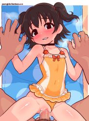 1boy 1girl akagi_miria black_eyes black_hair censored clothing_aside commentary covered_navel cowgirl_position flat_chest girl_on_top hetero idolmaster idolmaster_cinderella_girls idolmaster_cinderella_girls_starlight_stage leotard leotard_aside loli looking_at_viewer mosaic_censoring paid_reward_available parted_lips penis pongldr pov pov_crotch pussy sex short_hair straddling two_side_up vaginal yellow_leotard