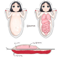 1girl absurdres black_hair blue_eyes food food_girl from_side guro highres intestines jam loli looking_at_viewer multiple_views navel original packet parted_lips pudding simple_background tareme tearontaron translation_request twitter_username what white_background