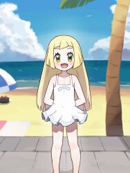 1girl :d aged_down arms_behind_back beach_towel blonde_hair chiwino cloud collarbone commentary_request day dress gen_7_pokemon green_eyes happy highres knees large_variant_set lillie_(pokemon) long_hair looking_at_viewer nintendo open_mouth outdoors palm_tree pokemon pokemon_(anime) pokemon_(creature) pokemon_sm_(anime) pyukumuku sand shore short_dress sky sleeveless sleeveless_dress smile standing towel tree variant_set water white_dress