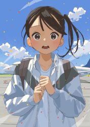 1girl :o absurdres aircraft airplane backpack bag brown_hair clenched_hands cloud day grey_jacket highres jacket looking_at_viewer mashiro_ka original outdoors side_ponytail solo swept_bangs upper_body