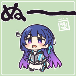 1girl akane_yuki artist_name blue_ribbon chibi chibi_only green_background highres idolmaster idolmaster_va-liv jitome kamizuru_cosmo multicolored_hair ribbon two-tone_hair