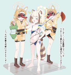 3girls :d absurdres animal_ears arata_(blue_archive) barefoot bikini blonde_hair blue_archive blue_bikini blunt_bangs blush boots breasts brown_boots brown_hair clenched_teeth commentary_request fuyubone green_bikini halo hand_on_own_hip highres japanese_clothes kimono large_breasts light_censor mask multiple_girls navel obi obijime open_mouth raccoon_ears raccoon_girl raccoon_tail sash short_hair side-tie_bikini_bottom smile street_mouryo_(rl)_(blue_archive) sweatdrop swimsuit tail teeth tengu_mask translation_request twintails