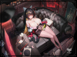1girl black_hair black_shoes blonde_hair bottle bow box bra_strap breasts cleavage colored_inner_hair computer_keyboard couch crosscore curved_monitor dk.senie from_above full_body gloves highres holding holding_bottle huge_breasts indoors long_hair monitor multicolored_hair notebook pantyhose pink_gloves pink_pantyhose puffy_short_sleeves puffy_sleeves shoes short_sleeves sitting solo two-tone_hair unworn_pantyhose unworn_shoes very_long_hair white_bow yellow_eyes