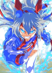 1girl animal_ears blue_eyes blue_jacket blue_shirt commentary_request crop_top ear_covers fingerless_gloves gloves glowing glowing_eyes grey_hair grin hairband highres horse_ears horse_girl jacket lightning long_hair midriff pants running shirt smile solo tamamo_cross_(umamusume) teeth umamusume umamusume:_cinderella_gray v-shaped_eyebrows white_gloves white_pants zukki_(bijitaru)