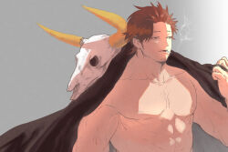 1boy abs animal_skull bara bare_pectorals black_clover black_hair facial_hair half-closed_eyes looking_ahead male_focus mature_male muscular muscular_male nipples octo33 open_clothes pectorals short_hair sideburns_stubble smoking solo stubble sunlight tank_top tsurime yami_sukehiro