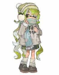 1girl beanie black_bow black_skirt blue_scarf bow brown_hat brown_shoes coat covered_mouth duffel_coat earmuffs full_body green_eyes green_hair grey_coat hair_bow hat highres inkling inkling_girl inkling_player_character long_hair long_sleeves miko_(15476997) nintendo pom_pom_(clothes) pom_pom_beanie sample_watermark scarf shoes skirt socks solo splatoon_(series) standing tentacle_hair very_long_hair watermark white_bow white_socks winter_clothes