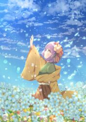 Rule 34 | 1girl, absurdres, adversarial noise, arm up, blue flower, blue petals, blue sky, blurry, cattleya (a yel ttac), cloud, commentary request, day, depth of field, falling petals, field, flower, flower field, flower request, green kimono, hair flower, hair ornament, hakama, hakama skirt, hieda no akyuu, highres, japanese clothes, kimono, long sleeves, outdoors, petals, purple hair, skirt, sky, solo, touhou, white flower, wide sleeves, yellow flower, yellow kimono