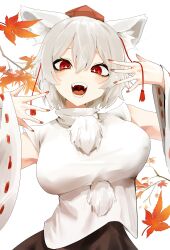 1girl absurdres animal_ear_fluff animal_ears black_eyeshadow black_skirt breasts commentary_request detached_sleeves double-parted_bangs eyeshadow fangs fingernails grin hair_between_eyes hands_up hat highres inubashiri_momiji large_breasts leaf makeup maple_leaf noc_merinoc partial_commentary pom_pom_(clothes) red_eyes red_hat red_nails red_ribbon ribbon ribbon-trimmed_sleeves ribbon_trim shirt short_hair simple_background skirt smile solo tokin_hat touhou upper_body white_background white_shirt wolf_ears wolf_girl