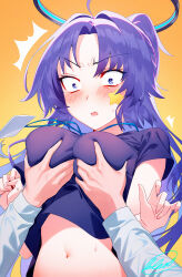 1boy 1girl ^^^ anger_vein blew_andwhite blue_archive blush breasts commentary_request constricted_pupils grabbing_another&#039;s_breast gradient_background groping halo highres long_sleeves medium_breasts navel open_mouth orange_background parted_bangs purple_eyes purple_hair purple_shirt shirt short_sleeves signature solo_focus star_sticker sticker_on_face stomach v-shaped_eyebrows white_shirt yuuka_(blue_archive) yuuka_(track)_(blue_archive)