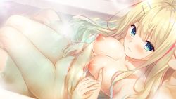 1boy 1girl :3 ayase_hazuki bathtub blonde_hair breasts completely_nude futaba_natsuho game_cg grabbing_another&#039;s_breast grabbing_from_behind groping hair_ornament hairclip indoors large_breasts long_hair mixed-sex_bathing navel nipples nude shared_bathing solo_focus very_long_hair yellow_eyes yubisaki_connection