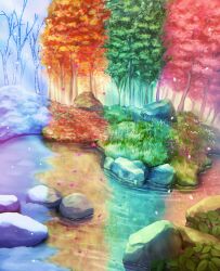 autumn autumn_leaves bare_tree commentary day falling_leaves falling_petals grass highres leaf no_humans original outdoors petals reason_(mark-of-the-unicorn) river rock scenery seasons snow spring_(season) summer sunlight tree water winter