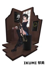 1girl absurdres ahoge bare_shoulders black_hair black_socks blue_eyes boots breasts choker fishnet_pantyhose fishnets guitar highres instrument long_shirt looking_at_viewer medium_breasts medium_hair original pantyhose pleated_skirt punk shoes sitting skindentation skirt socks tetsuffy_(tetsulul) thigh_strap