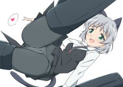 Rule 34 | 1girl, animal ears, black necktie, black pantyhose, black skirt, blush, breasts, cameltoe, cat ears, cat girl, cat tail, cleft of venus, crotch, crotch seam, flying, green eyes, grey hair, heart, highres, long sleeves, looking at viewer, military, military uniform, necktie, open mouth, panties, panties under pantyhose, pantyhose, pussy, sanya v. litvyak, shirt, short hair, simple background, skirt, smile, solo, speech bubble, spoken heart, spread legs, strike witches, strike witches: aurora no majo, strike witches: suomus misfits squadron, striker unit, tail, umanosuke, underwear, upskirt, weapon, white background, white shirt, world witches series
