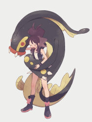 1girl :d black_vest boots brown_hair closed_eyes commentary creatures_(company) eelektross game_freak gen_5_pokemon hand_up high_ponytail highres hilda_(pokemon) hime_(himetya105) long_hair nintendo open_clothes open_mouth open_vest pokemon pokemon_(creature) pokemon_bw ponytail shirt sidelocks sleeveless sleeveless_shirt smile socks standing vest white_shirt