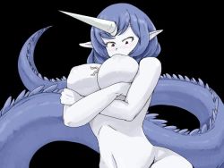 1boy 1girl between_breasts blush breasts game_cg giant giantess horn large_breasts mon-musu_quest! narwhal nipples pale_skin pointy_ears