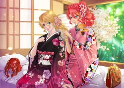Rule 34 | 2girls, artist name, bed, bleach, blonde hair, blue eyes, braid, braiding hair, cherry blossoms, commentary, commission, crown braid, earrings, eiyuu densetsu, english commentary, falling petals, floral print, floral print kimono, flower, hair between eyes, hair flower, hair ornament, hairdressing, highres, indoors, iwonn (pixiv943160), japanese clothes, jewelry, judith lanster, kimono, kuro no kiseki (series), matsumoto rangiku, multicolored hair, multiple girls, on bed, open mouth, parted bangs, petals, pillow, pink hair, print kimono, single braid, sitting, smile, streaked hair