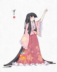 Rule 34 | 1girl, absurdly long hair, ay606078, bamboo print, black hair, bow, bowtie, branch, closed mouth, collared shirt, commentary, frilled shirt collar, frilled skirt, frilled sleeves, frills, full body, highres, holding, holding branch, houraisan kaguya, jeweled branch of hourai, leaf print, long hair, long skirt, long sleeves, pink shirt, print skirt, red eyes, shirt, signature, skirt, solo, touhou, very long hair, white bow, white bowtie, wide sleeves