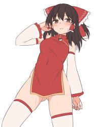 Rule 34 | 1girl, adapted turret, arm up, blush, bow, breasts, brown eyes, brown hair, china dress, chinese clothes, closed mouth, detached sleeves, dress, flat color, frilled bow, frills, gluteal fold, hair bow, hair tubes, hakurei reimu, highres, looking at viewer, miyo (ranthath), red dress, short hair, side slit, simple background, solo, thighhighs, thighs, touhou, white background, yin yang, yin yang pin