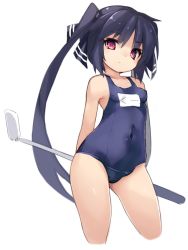 1girl arms_behind_back black_hair child covered_navel female_focus gluteal_fold golf_club karukan_(monjya) kooh long_hair one-piece_swimsuit pangya red_eyes ribbon school_swimsuit simple_background solo swimsuit thighs twintails white_background