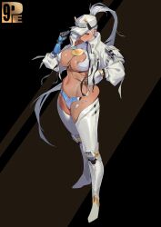 1girl absurdres alternate_costume armored_boots artist_logo black_background boots breasts cleavage commentary_request cropped_jacket dark-skinned_female dark_skin full_body hair_through_headwear hand_in_pocket hat highres jacket large_breasts logo long_hair long_sleeves looking_at_viewer navel nita_(snowbreak) open_clothes open_jacket pencil9 ponytail revealing_clothes skindentation snowbreak:_containment_zone solo standing stomach very_long_hair white_boots white_hair white_hat white_jacket