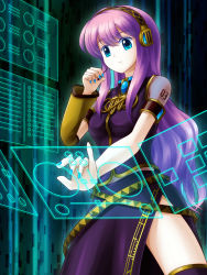 1girl asymmetrical_sleeves bare_shoulders belt blue_eyes blue_gemstone blue_nails brooch commentary_request detached_sleeves dj female_focus gem headphones highres holographic_interface jewelry long_hair megurine_luka mimimix multiple_belts nail_polish pink_hair purple_hair side_slit sidelocks single_sleeve smile solo tattoo uneven_sleeves very_long_hair vocaloid yellow_detached_sleeves