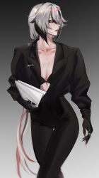 1girl absurdres arlecchino_(genshin_impact) black_background black_bra black_eyes black_hair black_hands black_jacket black_pants bra breasts cleavage colored_extremities genshin_impact gradient_background highres holding holding_paper jacket lart_art1 long_hair long_sleeves looking_to_the_side multicolored_hair pants paper red_pupils solo streaked_hair symbol-shaped_pupils underwear white_background white_hair x-shaped_pupils