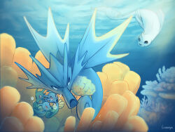 air_bubble artist_name bubble coral_reef dewgong gen_1_pokemon highres horsea linearaya nintendo no_humans pokemon pokemon_(creature) seadra signature underwater