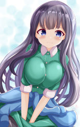 1girl :i black_hair black_pantyhose blue_eyes blush breasts breasts_squeezed_together closed_mouth clothes_around_waist collared_dress covering_privates covering_crotch dress green_dress highres large_breasts long_hair looking_at_viewer misumi_aoi ongeki pantyhose pout solo very_long_hair wavy_mouth xenon_(for_achieve)