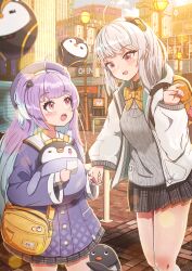 2girls :d absurdres admi_(nikke) ahoge baby_animal backpack bag bag_charm beret bird black_skirt blue_hair blunt_bangs blush bow bowtie building charm_(object) city coat collared_shirt dashiziruangeal day goddess_of_victory:_nikke gradient_hair green_hair grey_hair grey_sweater hair_ornament hat headgear highres holding holding_hands holding_paper hood hood_down hooded_jacket jacket lamppost long_hair long_sleeves multicolored_hair multiple_girls one_side_up open_clothes open_jacket open_mouth outdoors paper penguin penguin_chick pink_eyes plaid_clothes plaid_skirt pleated_skirt pointing purple_coat purple_hair purple_hat red_eyes rei_(nikke) shirt shoulder_bag sidelocks sign skirt smile socks standing streaked_hair sweater teeth two-sided_fabric two-sided_jacket two-tone_hair upper_teeth_only white_jacket white_shirt white_socks yellow_bag yellow_bow yellow_bowtie