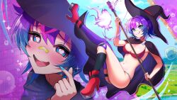 Rule 34 | 1girl, :q, absurdres, bandaid, bandaid on face, bandaid on nose, blue eyes, blue nails, blush, bra, breasts, cape, cleavage, finger heart, gradient hair, hat, heart, heart-shaped pupils, high heels, highres, holding, holding staff, mage staff, medium breasts, melody (projektmelody), multicolored hair, navel, official art, official wallpaper, open mouth, purple hair, red bra, single thighhigh, slime (creature), staff, symbol-shaped pupils, thighhighs, tongue, tongue out, underwear, virtual youtuber, vshojo, witch hat, yuarima2