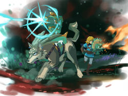 Rule 34 | 2boys, animal ears, blonde hair, blue eyes, blue shirt, chain, claws, commentary, cuffs, dog nose, english commentary, flamethrower, harness, highres, holding, holding flamethrower, holding shield, holding weapon, laser cannon, link, looking at another, male focus, multiple boys, nintendo, running, shield, shirt, stup-jam, tail, the legend of zelda, the legend of zelda: tears of the kingdom, the legend of zelda: twilight princess, weapon, wolf, wolf ears, wolf link, wolf tail