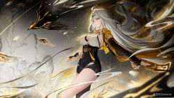 1girl absurdres ahoge bird black_gloves black_thighhighs breasts fingerless_gloves gloves grey_hair hair_ornament high-waist_shorts highres holding jacket long_hair moonct shorts single_thighhigh solo thighhighs watermark yellow_eyes yellow_jacket yixuan_(zenless_zone_zero) zenless_zone_zero