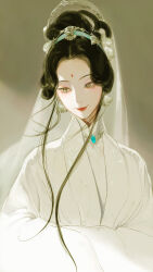 1girl black_hair blue_hairband bridal_veil bride brown_background chinese_clothes closed_mouth earrings eyelashes eyeshadow flower_earrings forehead forehead_jewel green_eyes hair_bun hairband hanfu happy high_collar highres jewelry lipstick long_sidelocks long_sleeves looking_ahead makeup mandarin_collar necklace original own_hands_together pink_eyeshadow qingfengche red_lips short_hair_with_long_locks sidelocks simple_background single_hair_bun sleeves_past_fingers sleeves_past_wrists smile solo updo upper_body veil white_hanfu white_veil wide_sleeves